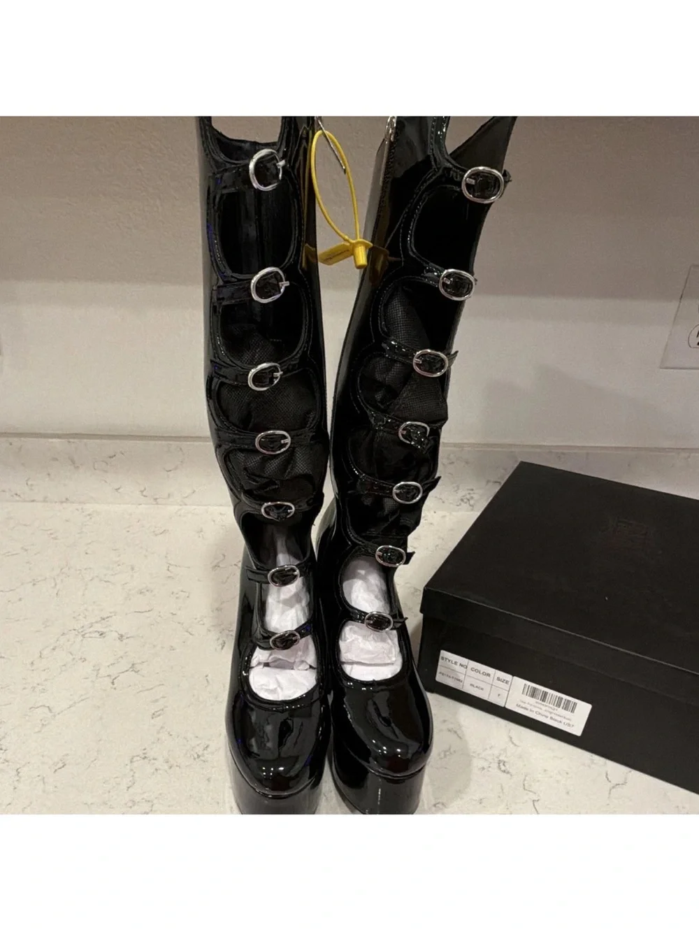 Frankie Hsu Black Knee High Platform Boots Buckle Zip Womens US 7 EU 38